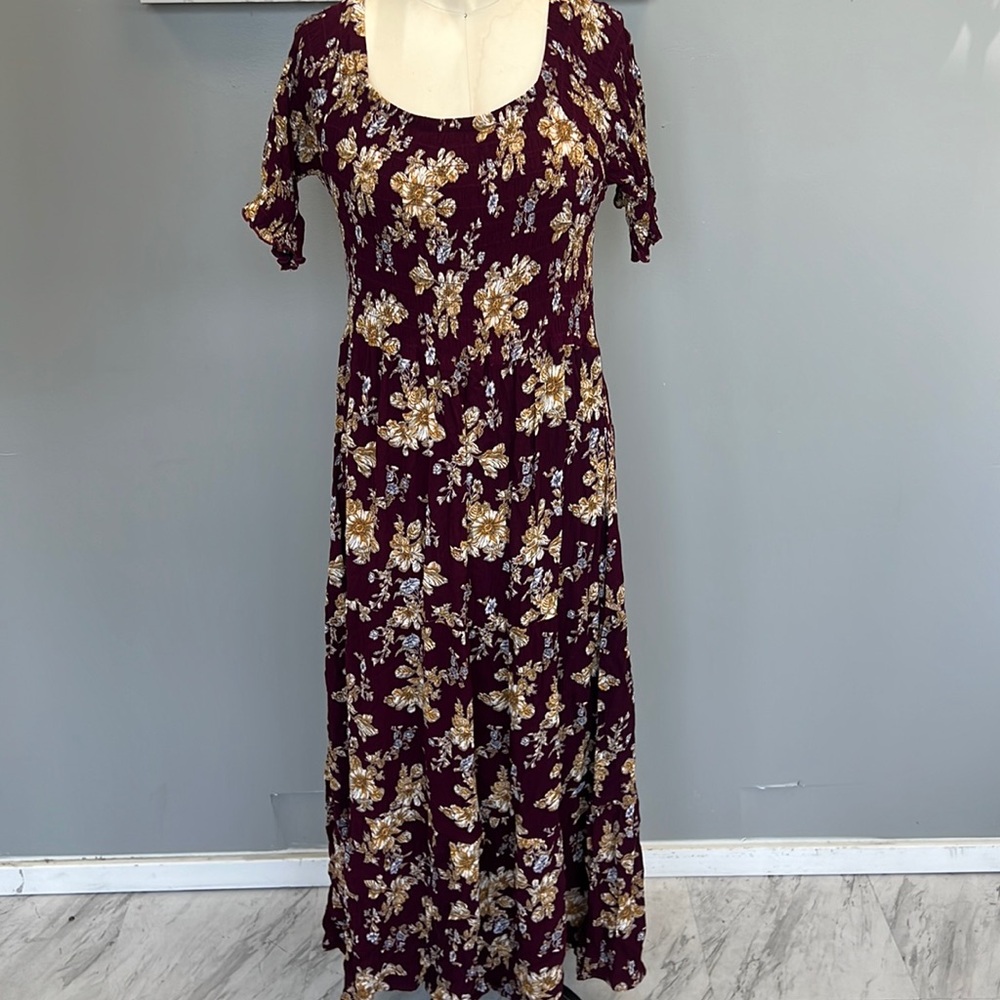 NATURAL LIFE Burgundy Floral Midi Dress with Gold Flowers
